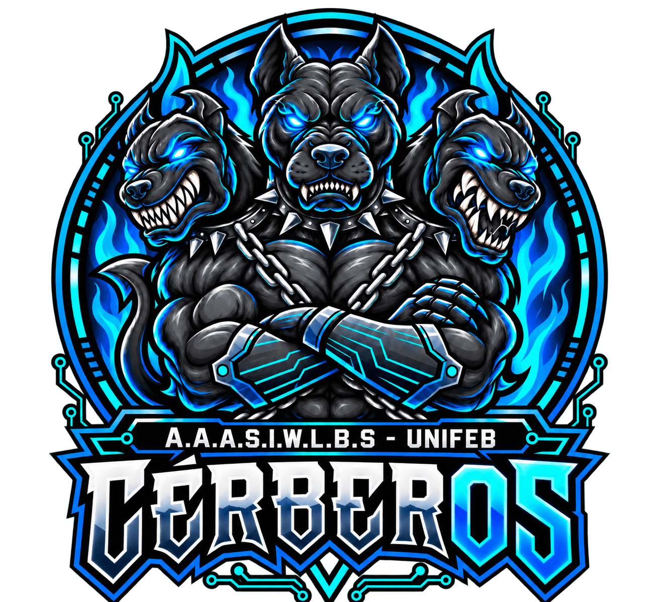 Emblema da CérberOS: Cérbero de três cabeças com correntes e braços cruzados, fogo azul e circuitos, com o texto A.A.A.S.I.W.L.B.S - UNIFEB e CérberOS